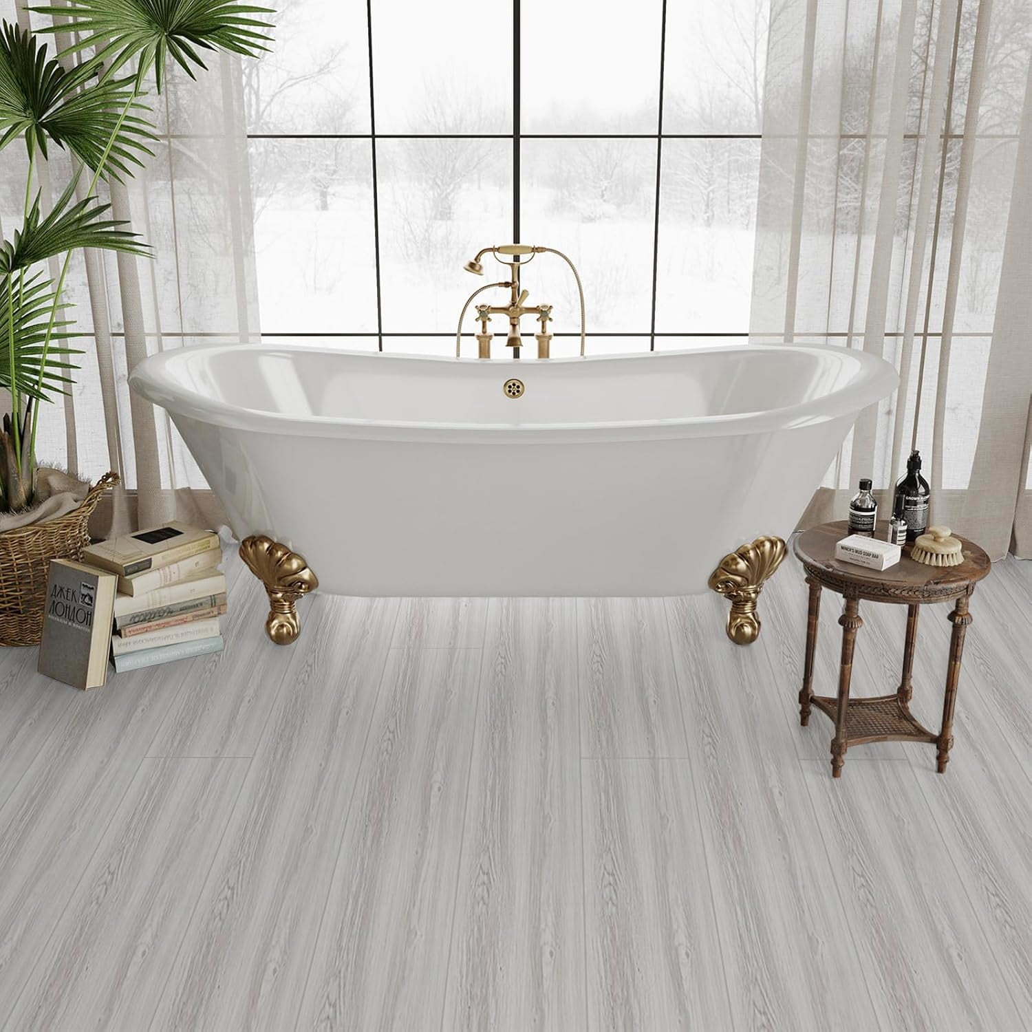 Peel and Stick Floor Tiles: 11.8x137.8inch Wood Grain Texture, Self-Adhesive and Waterproof Vinyl Flooring Roll, No Residue Ash White Flooring for Bathroom, Kitchen, Bedroom (Covers 11.3 Sq.Ft)