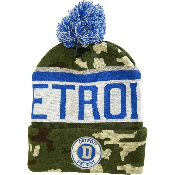 Detroit City Name Three Stripe Circular Patch Pom Beanie Winter Hat (Camo/Teal)
