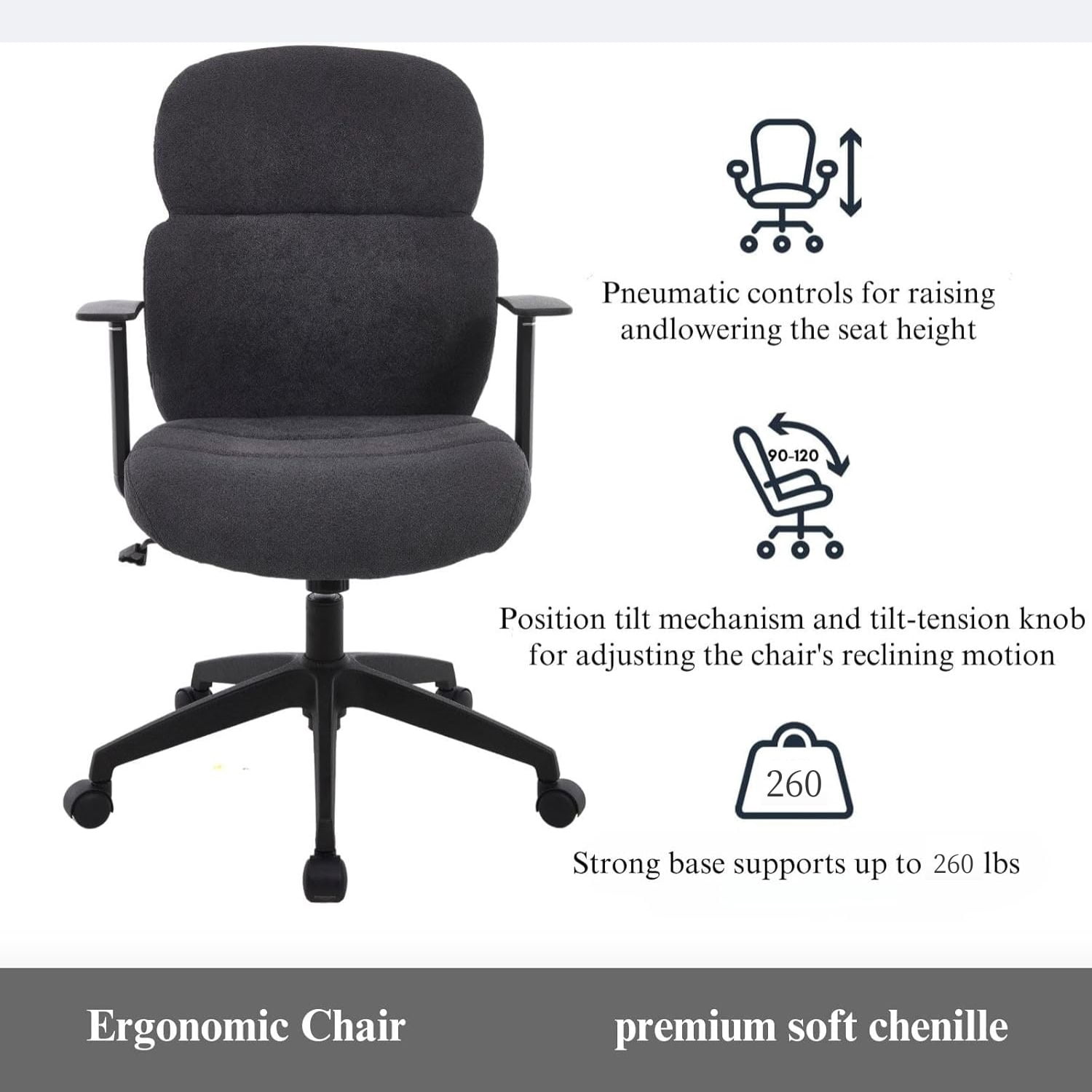 Dayalane Modern Adjustable Office Chair, Swivel Fabric Ergonomic Task Chair with Armrests, 90-120° Tilt Function and Wide Cushion Desk Chair for Home/Bedroom/Study/Office/Conference Room, Grey