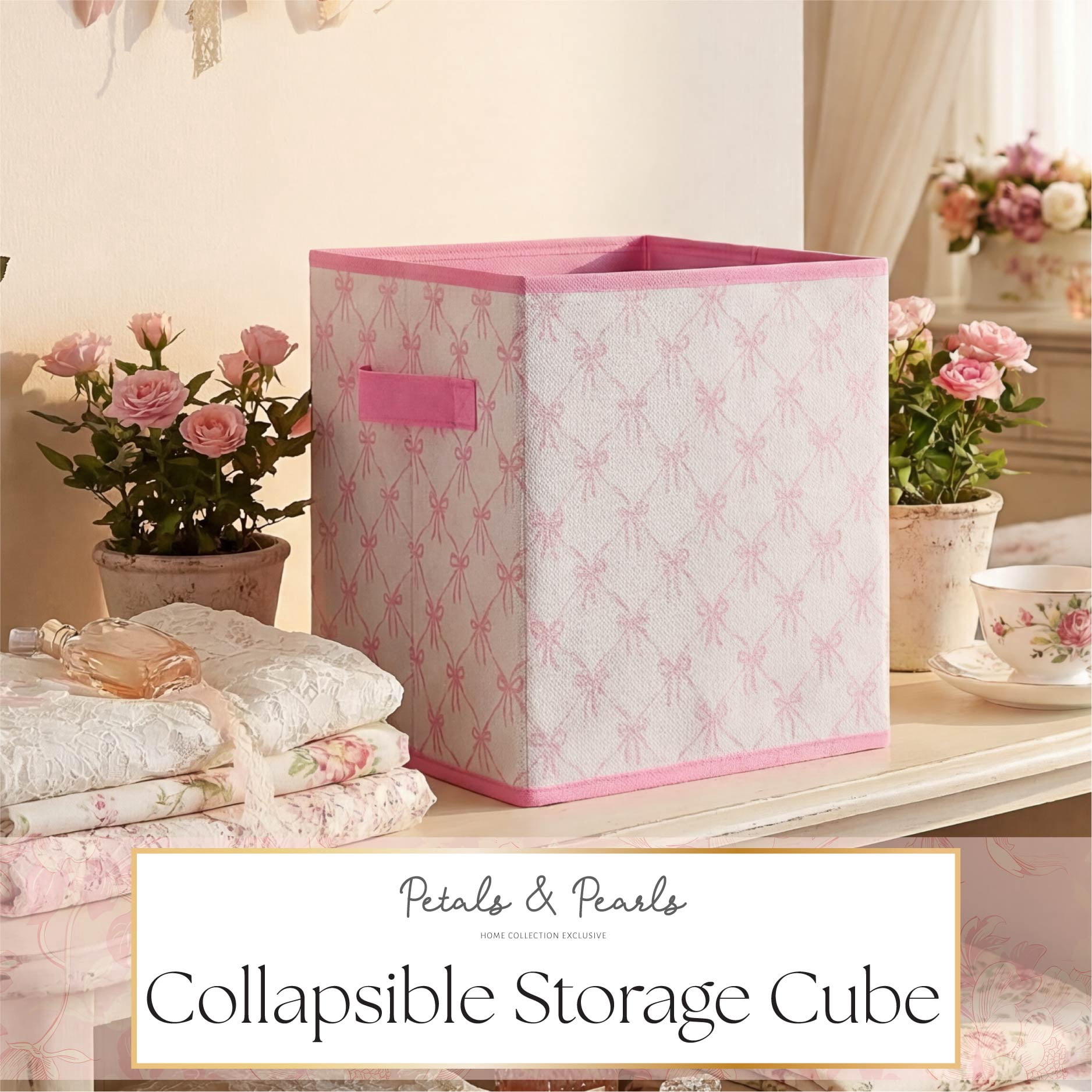 Urban Shop Petals and Pearls Collapsible Storage Cube, Ribbon Pink