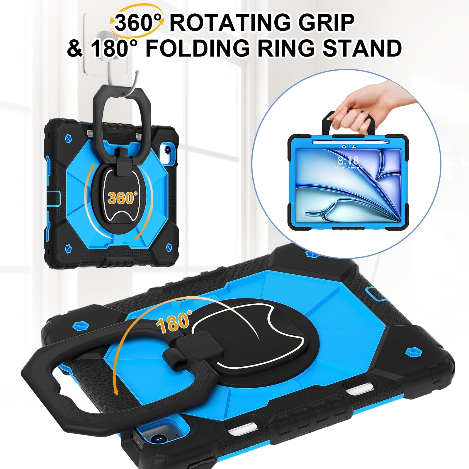 Dteck with Pencil Holder Case for iPad Air 13 inch 2025/2024,Heavy Duty Silicone Case 360 Degree Rotating Handle Stand Cover with Shoulder Strap for iPad Air 13-in. M3/M2,Black+Blue