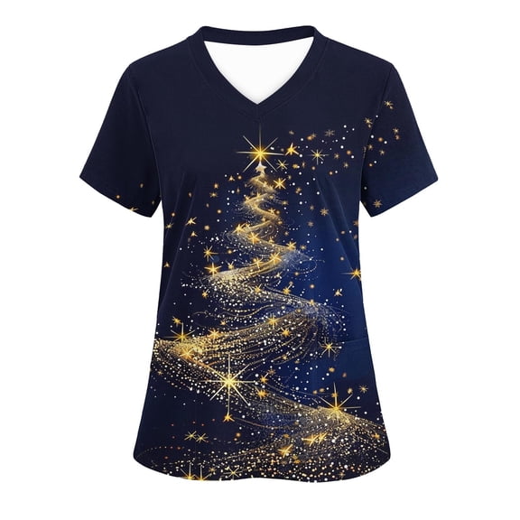 LSLJS Christmas Scrub Tops Women Plus Size V Neck T Shirts Casual Christmas Tree Printed Work Tops, Gift for Women, S-5XL