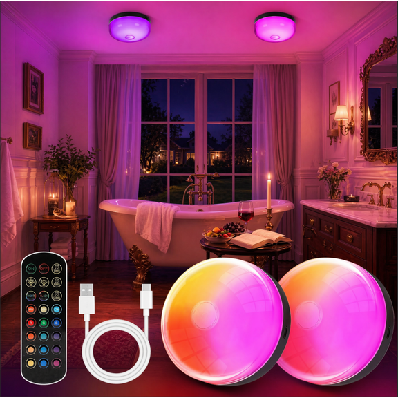 2 Pack Rechargeable Ceiling Lights, 15 RGBW Color Changing Party Lights with Remote, Waterproof LED Wireless Lights for Shower, Bathroom, Closet, Hallway & Mood Lighting