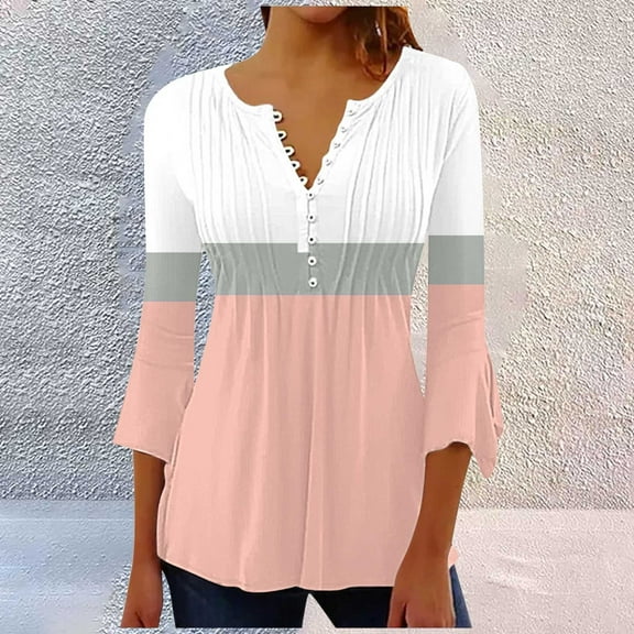 Pink Women's Long Sleeve T-shirt, Summer Tops For Women 2025 Trendy Boho Floral Print Tunic Shirts 7 Sleeve V Neck Tshirt Casual Loose Blouse,Women's Long sleeve T-shirt M