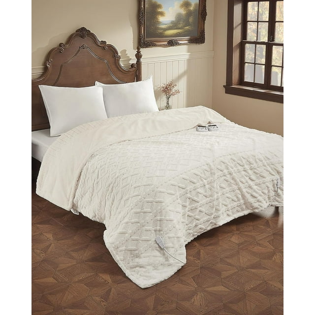 84x90 Heated Throw Blanket with Thick Tufted Cable Pattern,10 Heat Levels&10Timer Settings,Electric Throw with Intelligent Temperature Control,Machine Washable,Fast Heating,White