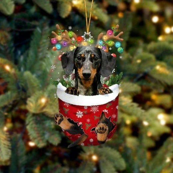 Acrylic 2D FLAT Dachshund In Snow Pocket Christmas Ornament 4