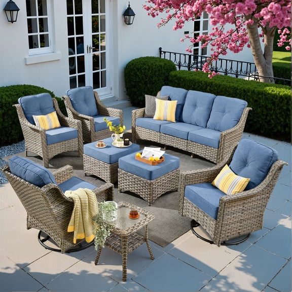 ODELIO 8-Piece Wicker Patio Furniture Set with Swivel Rocker Chairs, PE Rattan Outdoor Conversation Set with Ottomans, High-Back Patio Sofa Seating for Backyard Deck Porch, Denim Blue