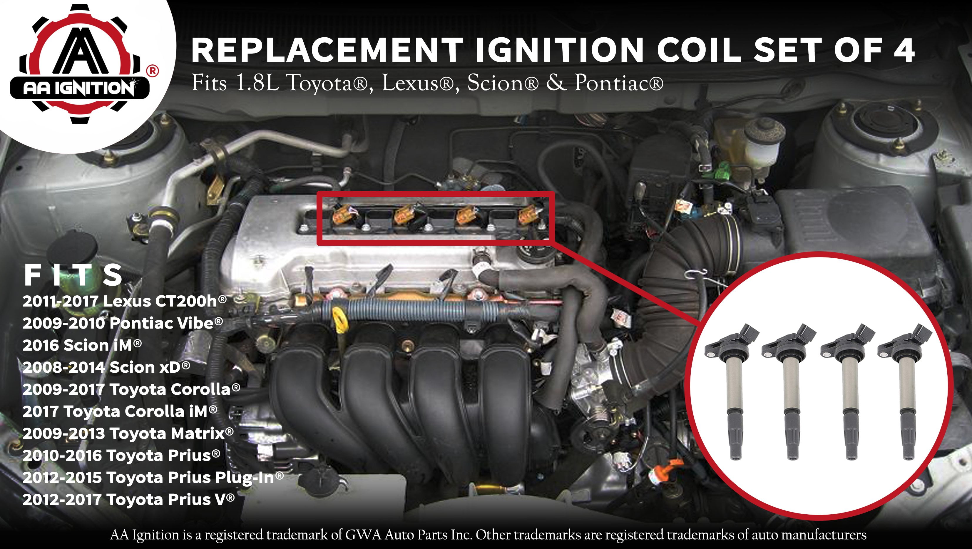 Fit for 1.8L 2.0L L4 Toyota Corolla Matrix Prius /& Lexus CT200H /& Scion XD Pontiac Vibe Replace 90919-02252 90919-02258 UF596 UF619 Ignition Coil Pack Set of 4