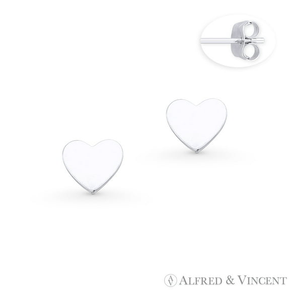 Flat Heart Love Charm 6x7mm Stud Earrings w/ Push-Back Posts in .925 Sterling Silver