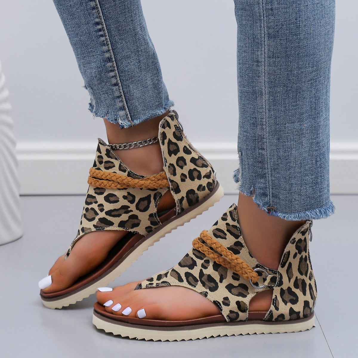 Fashion Summer Women Sandals Flat Casual Comfortable Ladies Leopard  Shoes 