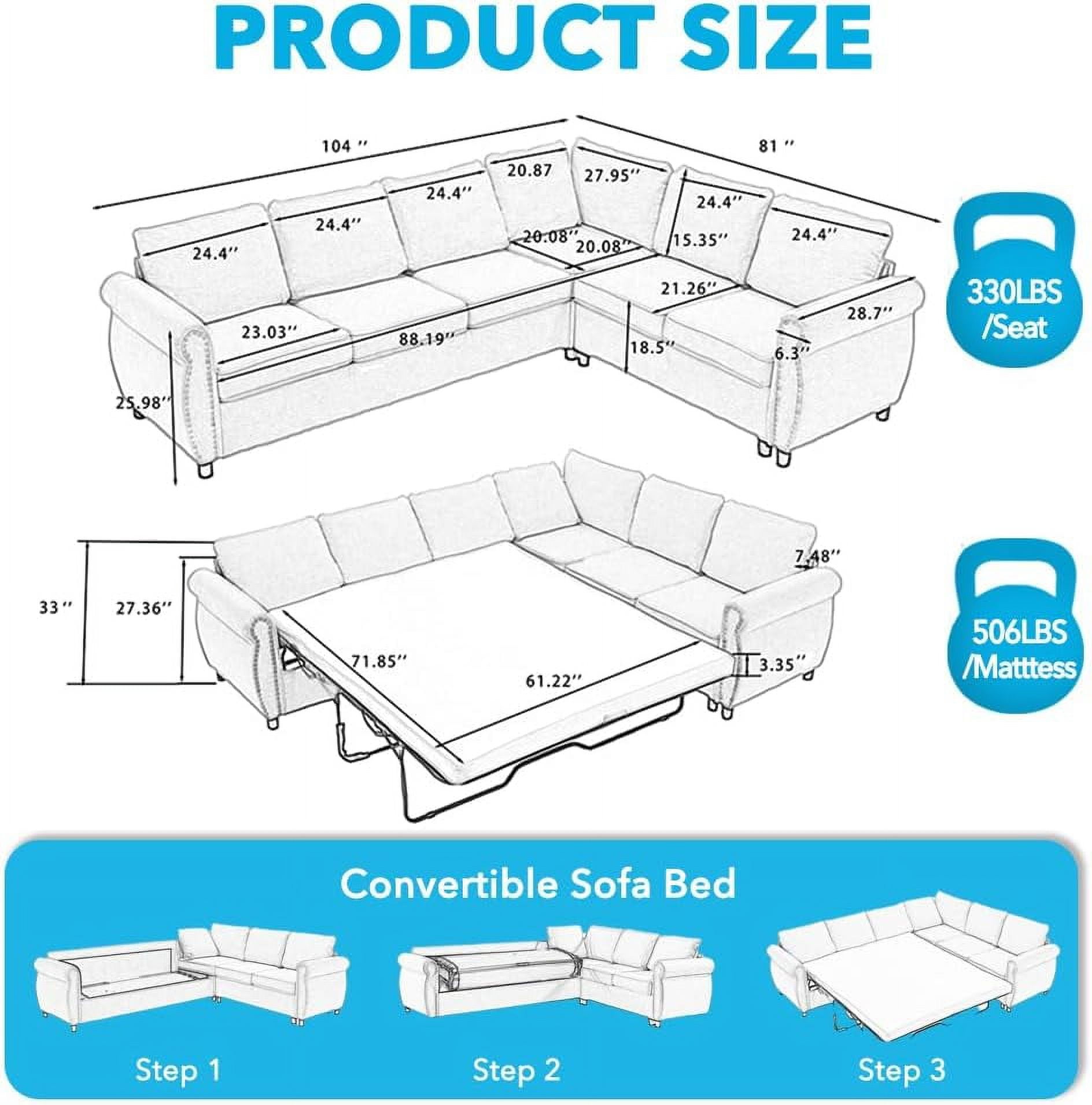 Sleeper Sofa Bed, Pull Out Couch with Mattress, 104'' 6 Seater Upholstery Sectional Couches, Modern Comfy L Shape Sofa Couch, Living Room Furniture for Living Room, Apartment, Studio, Beige