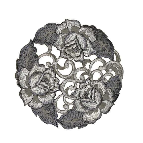 Doily Boutique Round Doily with Cutwork Gray and Silver Roses on Fabric Size 7 inches