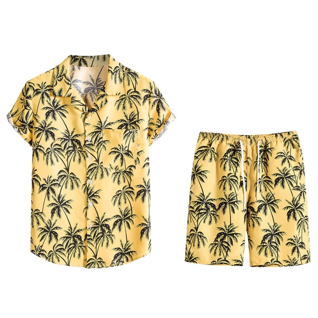 Conjunto casual de blusa y pantalones de playa de manga corta con estampado de botones para hombre Pompotops oipoqjl35449