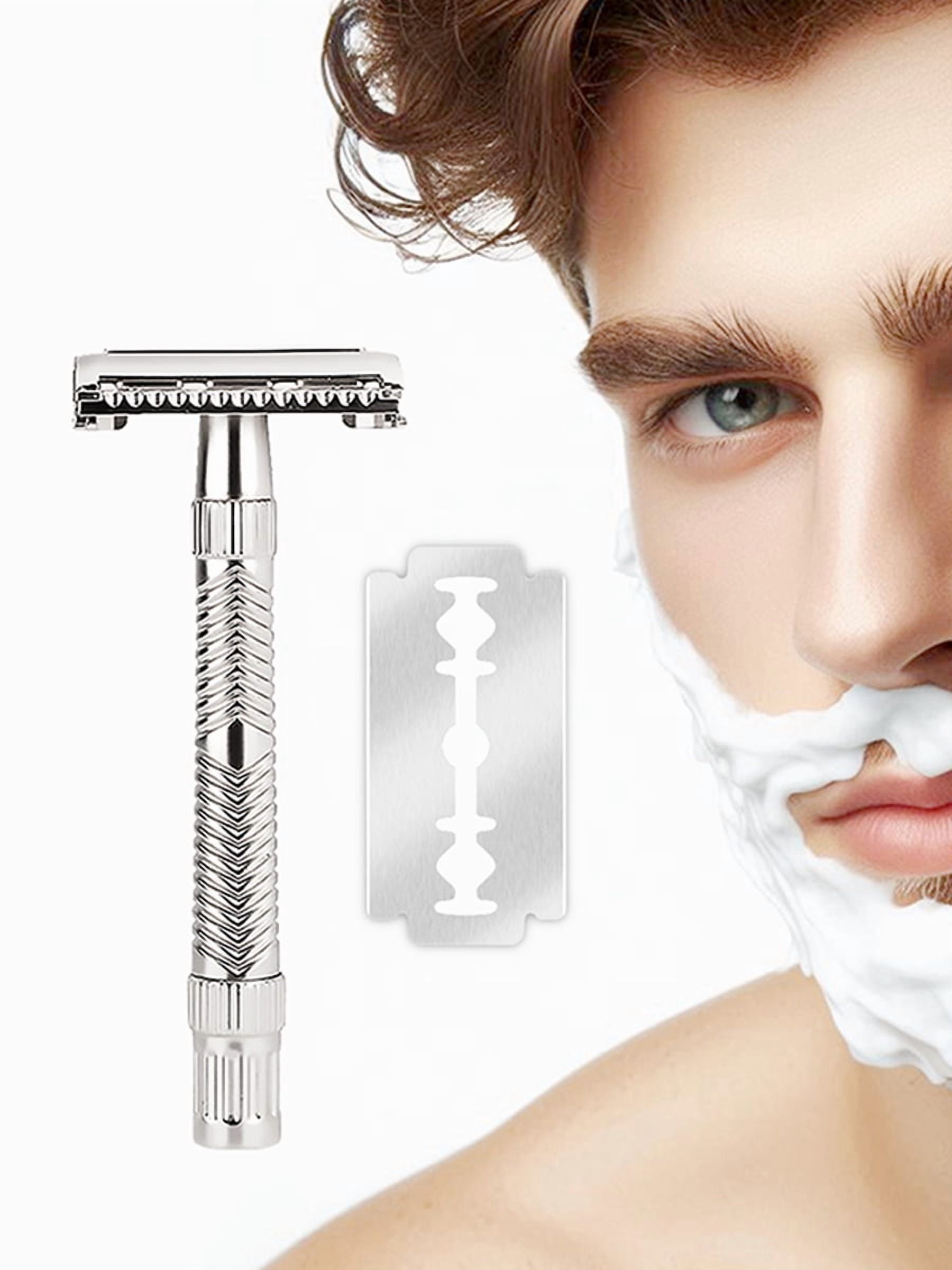 Waysh Classic Wet Shave Safety Razor Kit with Stand & 20 Refill Blades, All-Metal Construction with Non-Slip Handle, Chrome Silver