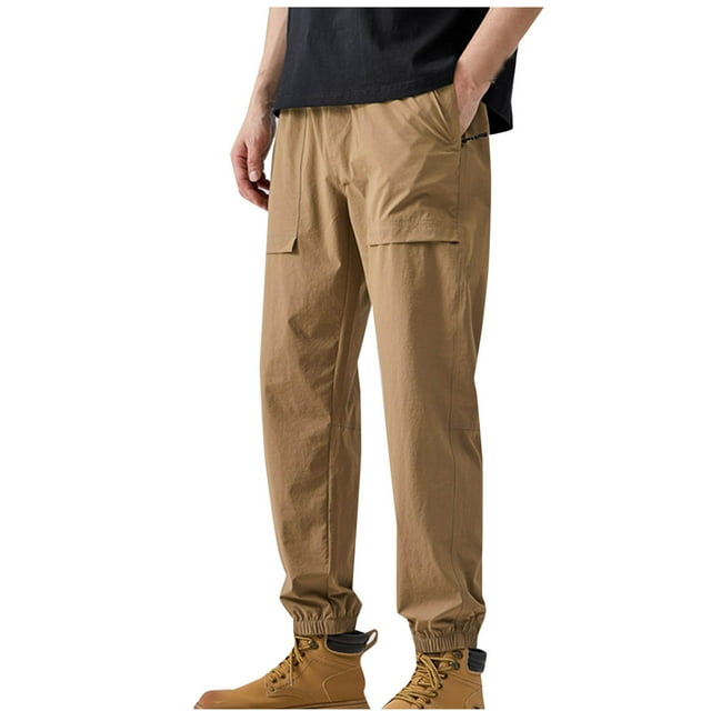 Pantalones largos para hombre, de seda de hielo, de color liso, finos, para trabajo al aire libre, holgados, frescos, informales, con cierre de tobillo, de poliéster.