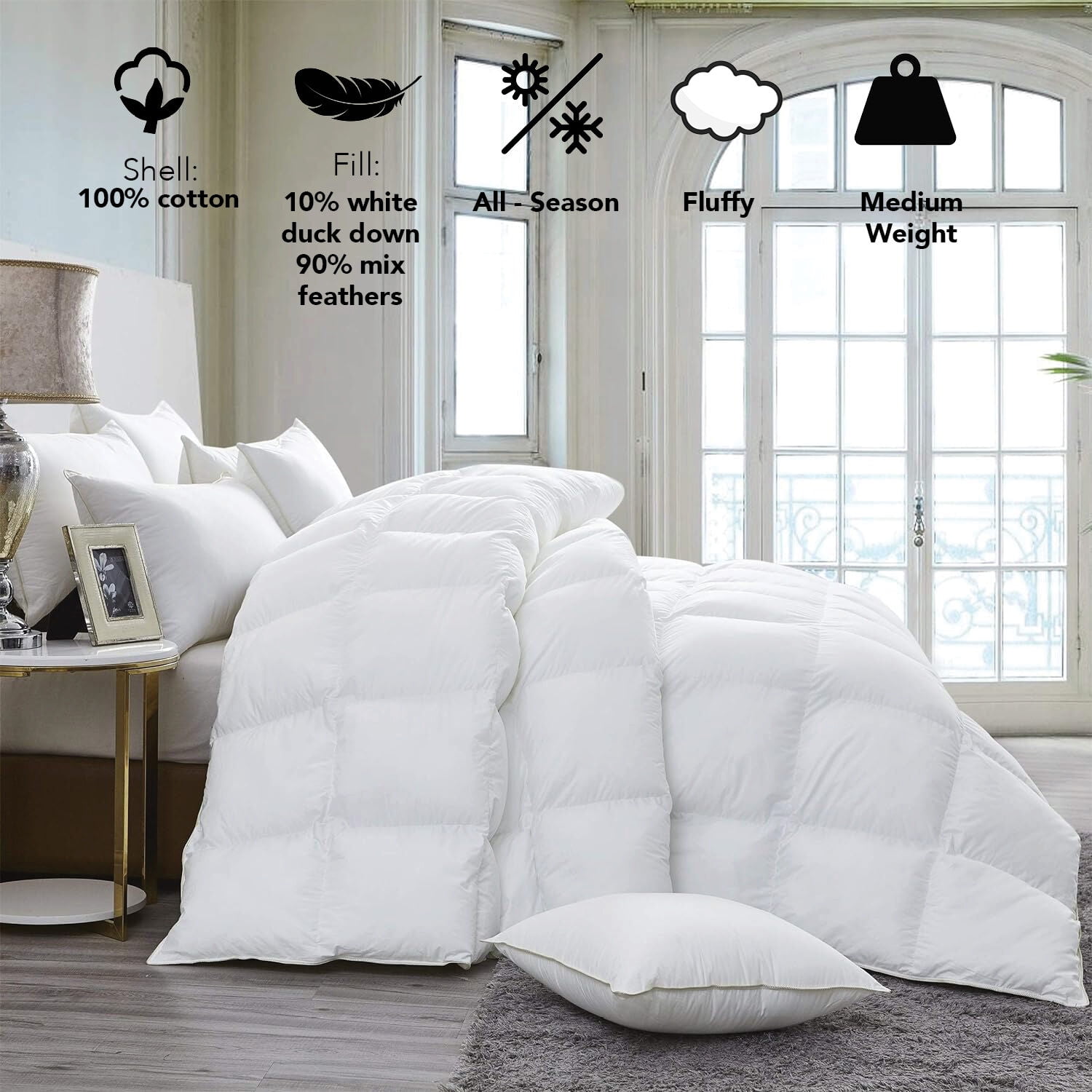 Organic Club Queen Cotton Duvet with Feather and Duck Down Filling 100% Cotton Cover Comforter All-Season Bedding Queen Size 87x87" (220x220 cm), Machine Washable, White