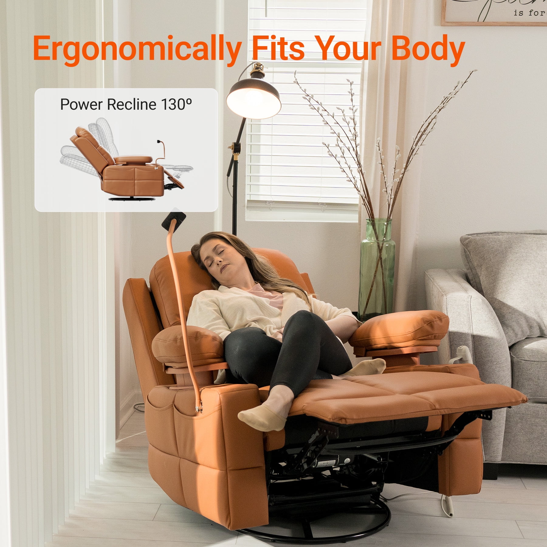 MAMAZING Nursery Rocking Chair Swivel Glider Oversized Recliner with Pockets Electric Power Baby Nursing Chair Brown