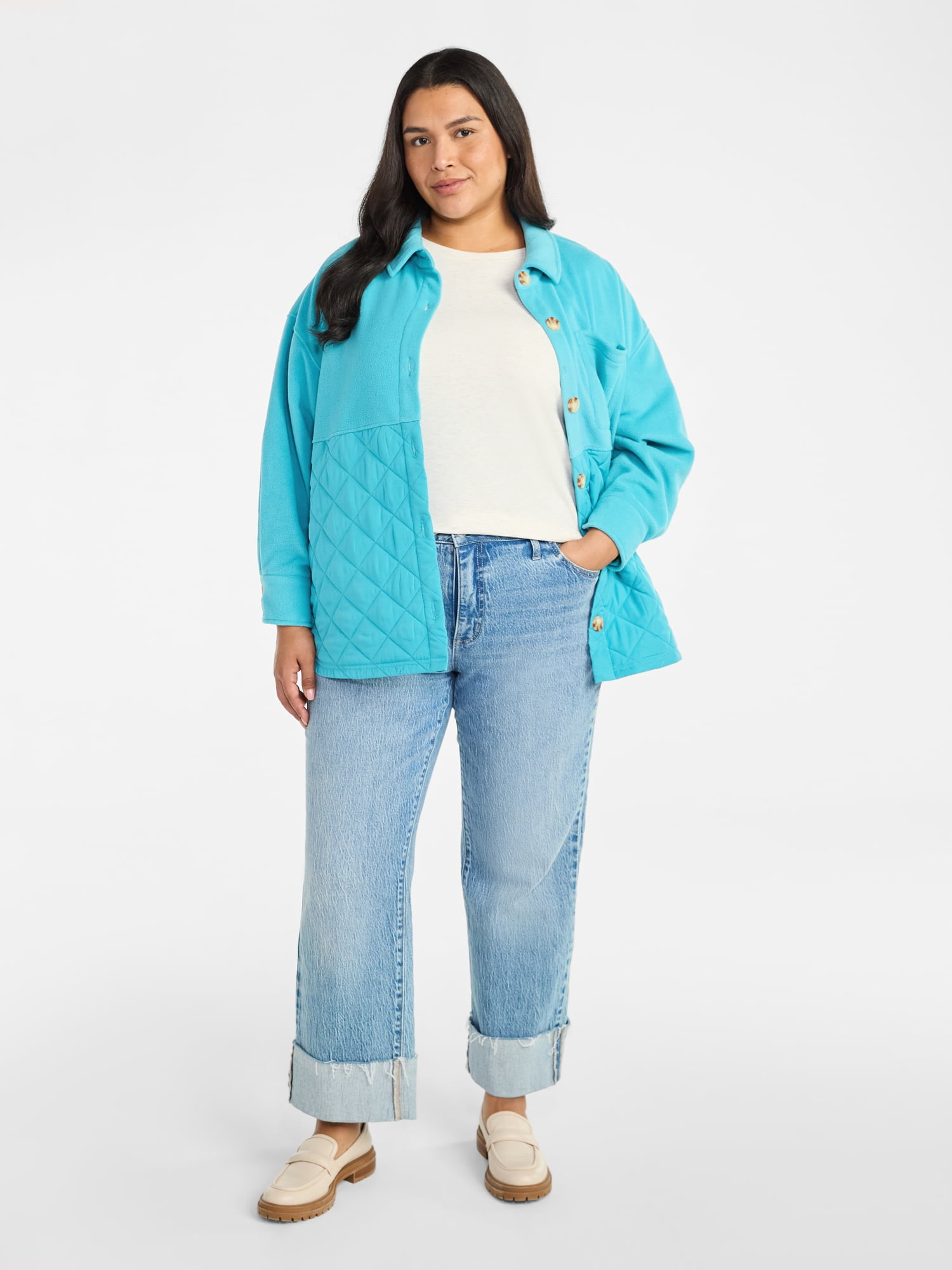 Terra & Sky Women's Plus Size Quilt Mix Button Front Shacket with Long Sleeves, Sizes 1X-5X