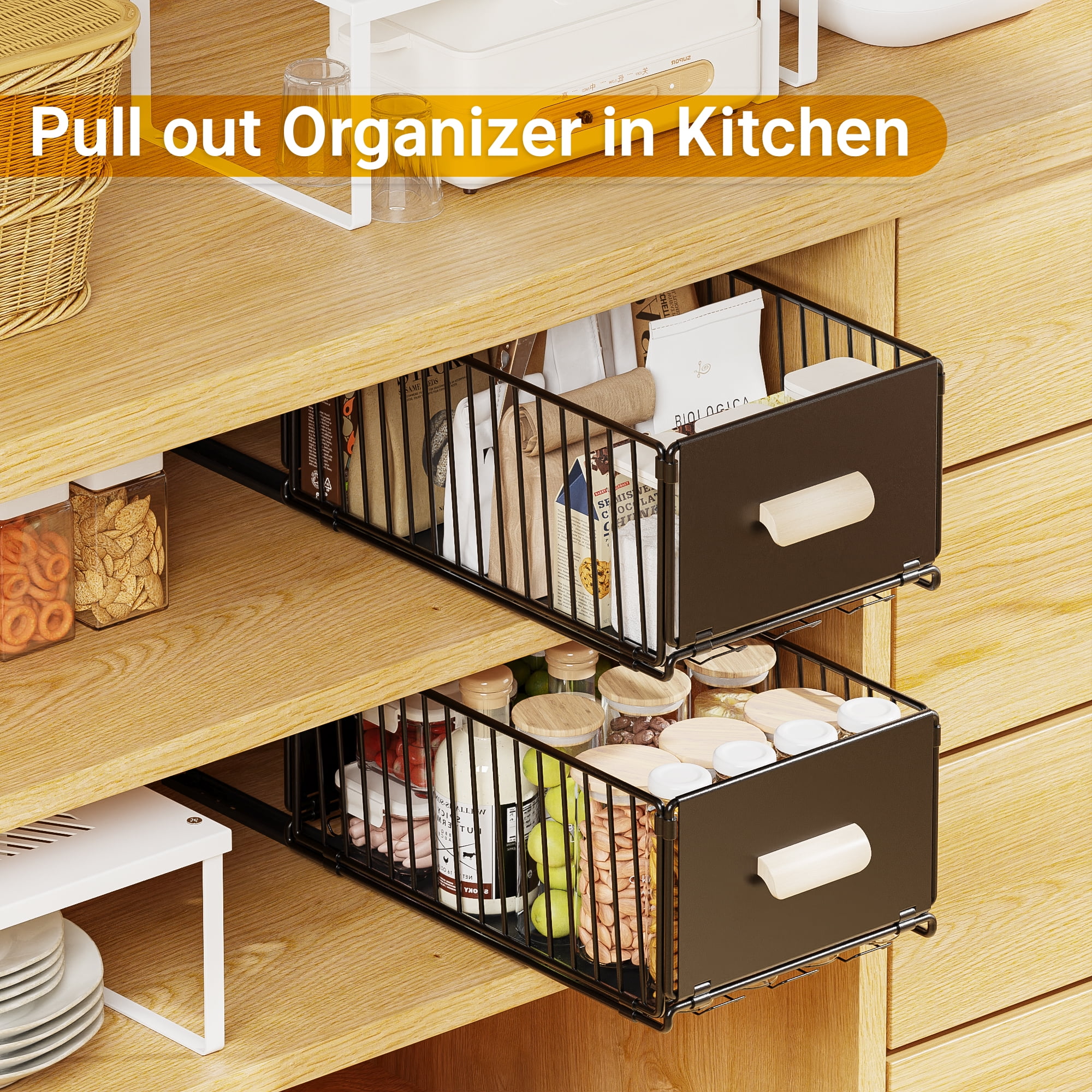Bemico 2 Pack Pull Out Cabinet Organizer, No Drill Slide Out Pantry Shelves Drawers with Handle for Kitchen, Cupboard, Bathroom, Pantry, Sink, 15.75"Dx9.45"Wx6.69"