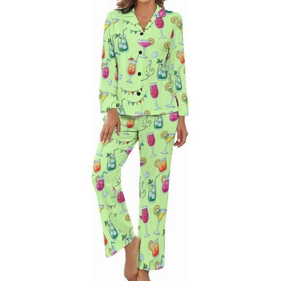 Top-kevin Colorful Cocktail Drinks Women's Long-Sleeve Shirt And Full-Length Bottom Pajama Set