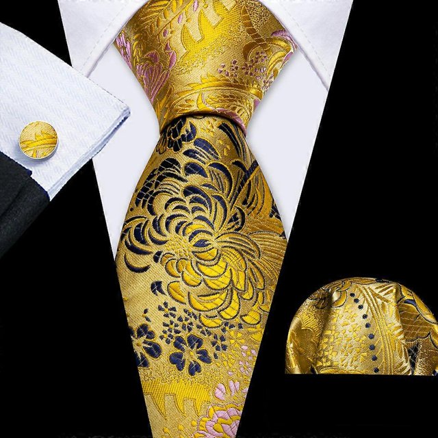 Black Gold Pink Men Wedding Neck Tie Silm Floral Silk Necktie Jacquard Pocket Square Cufflinks Sets Business Party