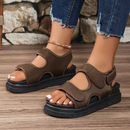 

WNG Women Sandals Fashionable New Pattern Simple Solid Color Thick Bottom Flat Bottom Comfortable Hook Loop Open Toe Breathable