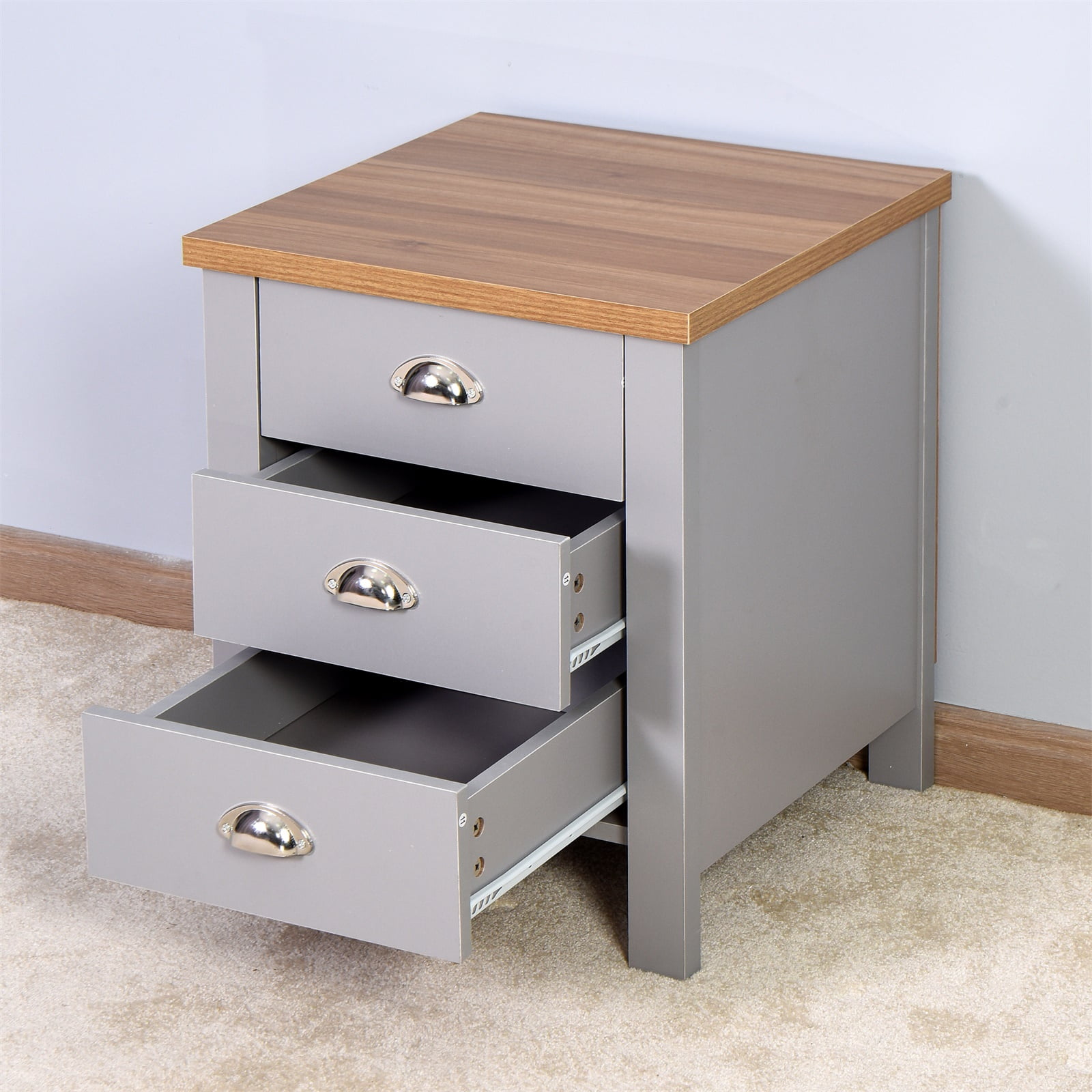 3-Drawer Nightstands & Bedside Tables, Modern Storage Cabinet for Bedroom, Grey