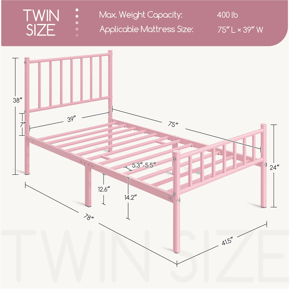 Renwick Justin Metal Platform Bed with Spindle Headboard and Footboard, Twin, Pink, Adult