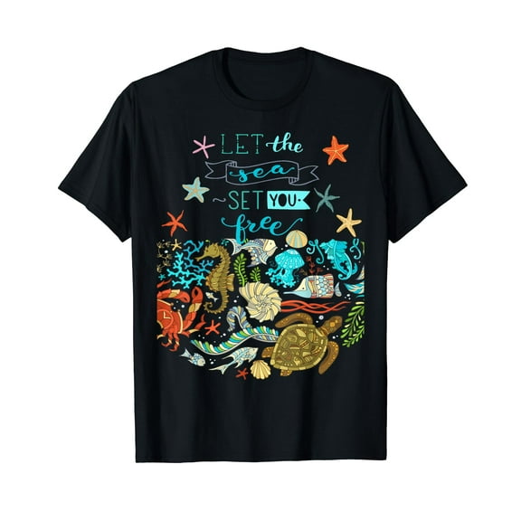 Let the Sea set you free marine creatures under sea Ocean T-Shirt Black Tee