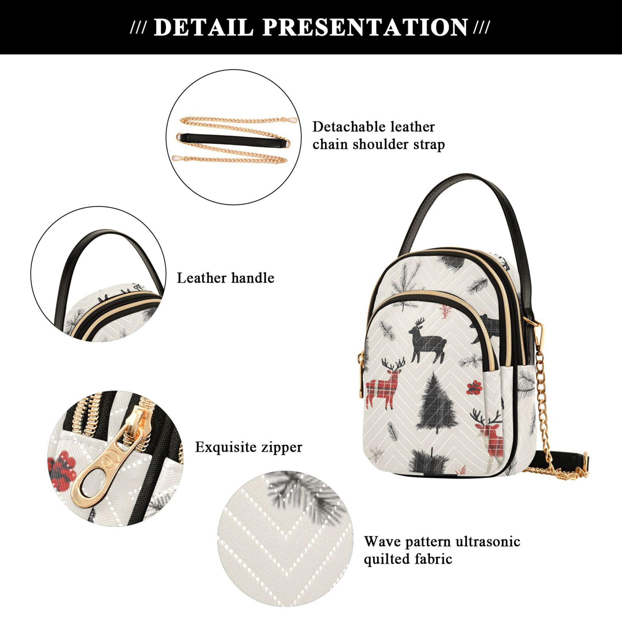 FORMRS Crossbody Bag for Women Quilted Travel Shoulder Cell Phone Purse with Chain Strap Handbag, Christmas Plaid Deer