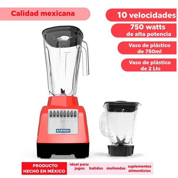 Licuadora Bartech 750W Vaso Grande 2L + Vaso 750ml 10 Velocidades Rojo