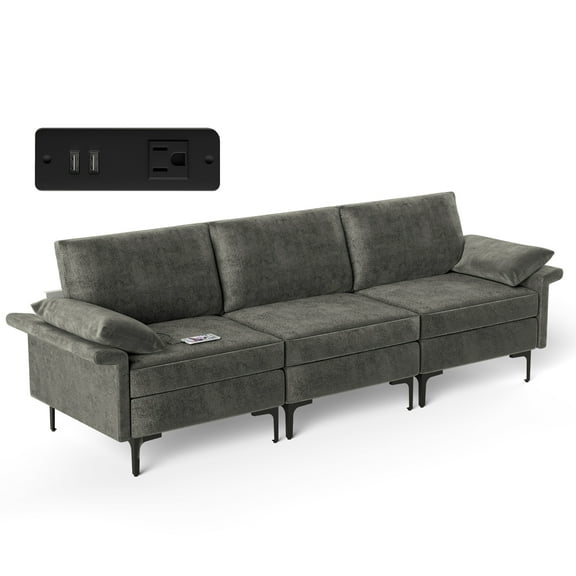 Costway Modern Modular Fabric 3-Seat Sofa Couch with Socket USB Ports & Metal Legs Grey