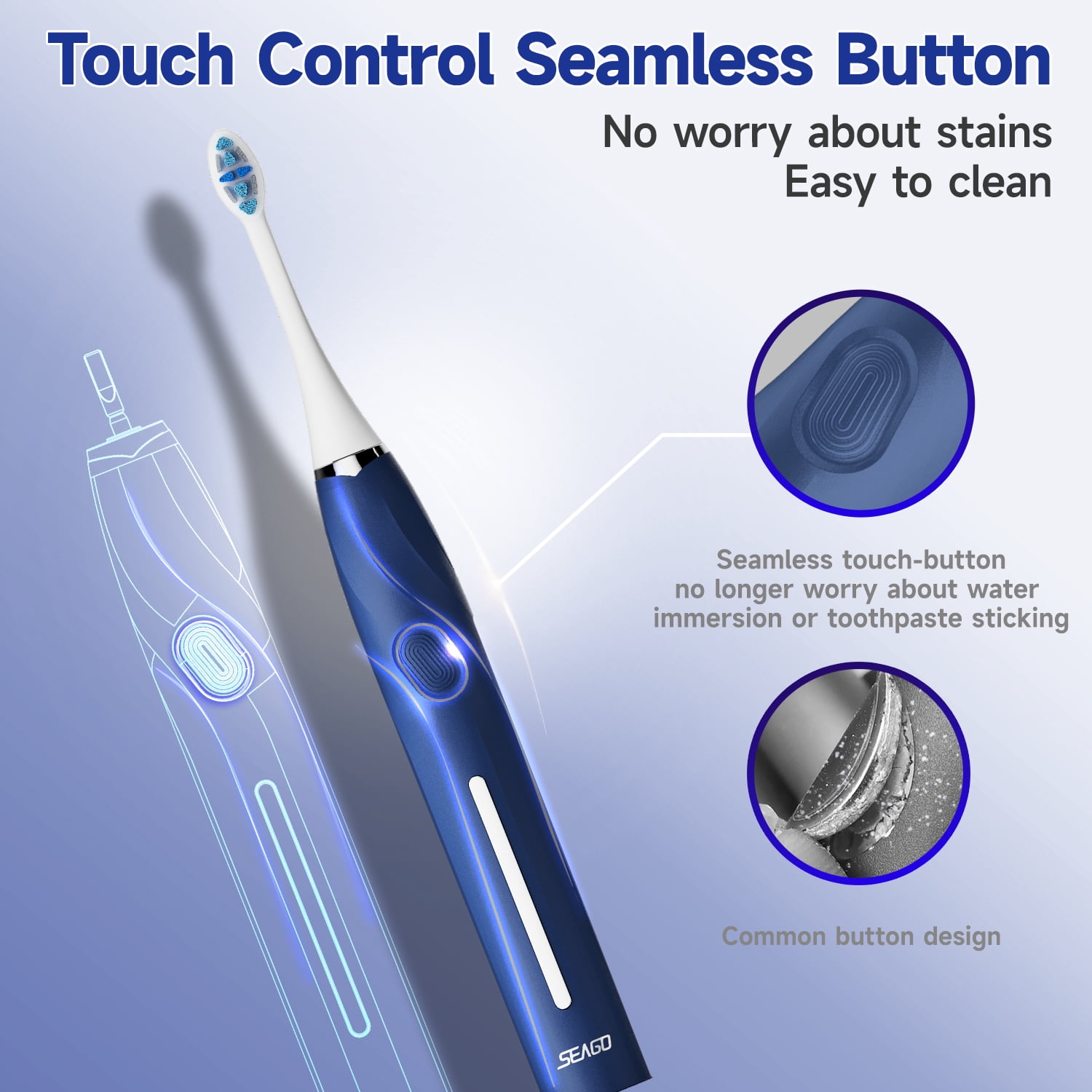 Seago Electric Toothbrush for Adult,Seamless Design,8 Brush Heads,Travel Case and Hold,Blue SG2752