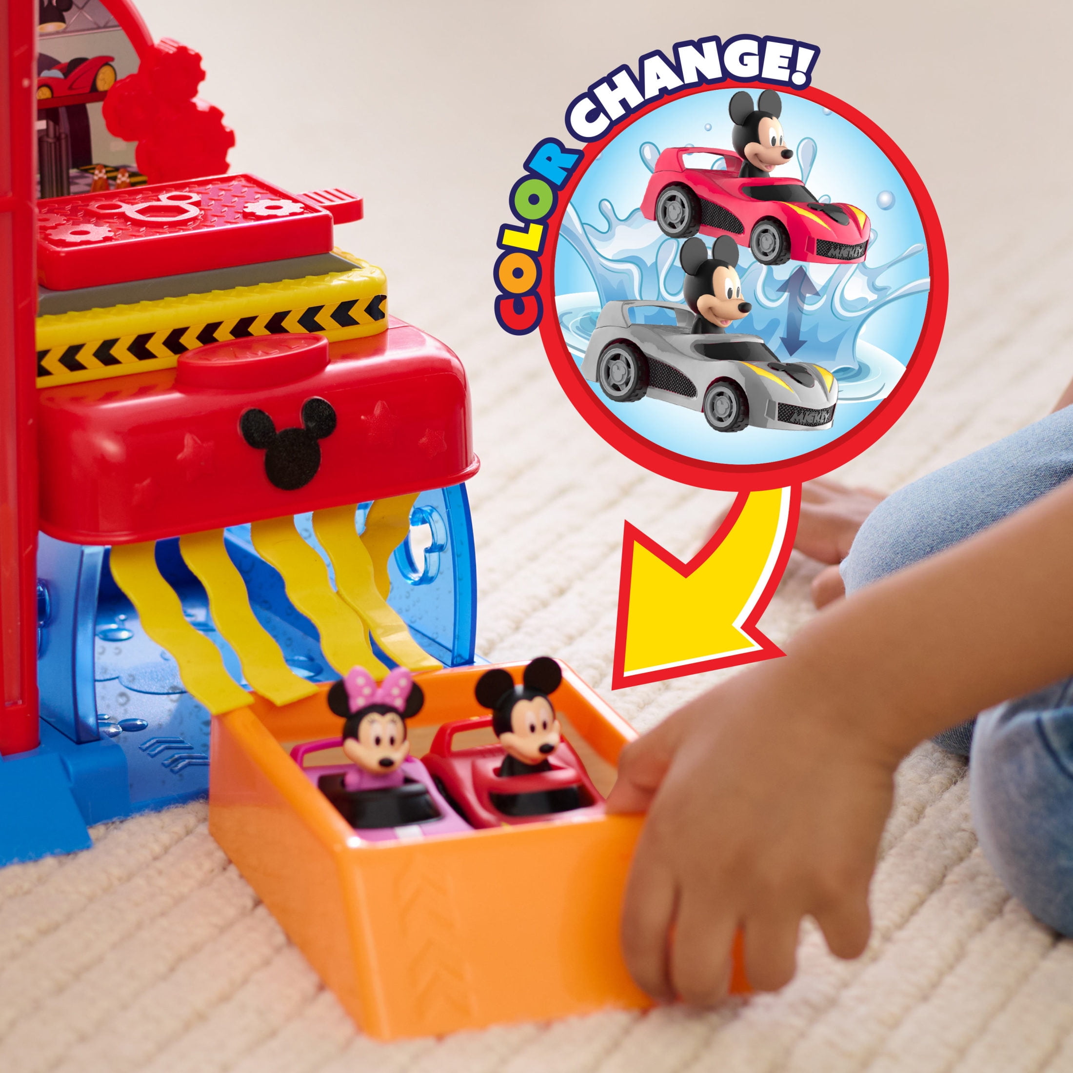 Disney Junior Mickey Mouse Ready to Race Garage, Lights and Sounds, 18-piece Vehicle Playset Baby and Toddler Toys