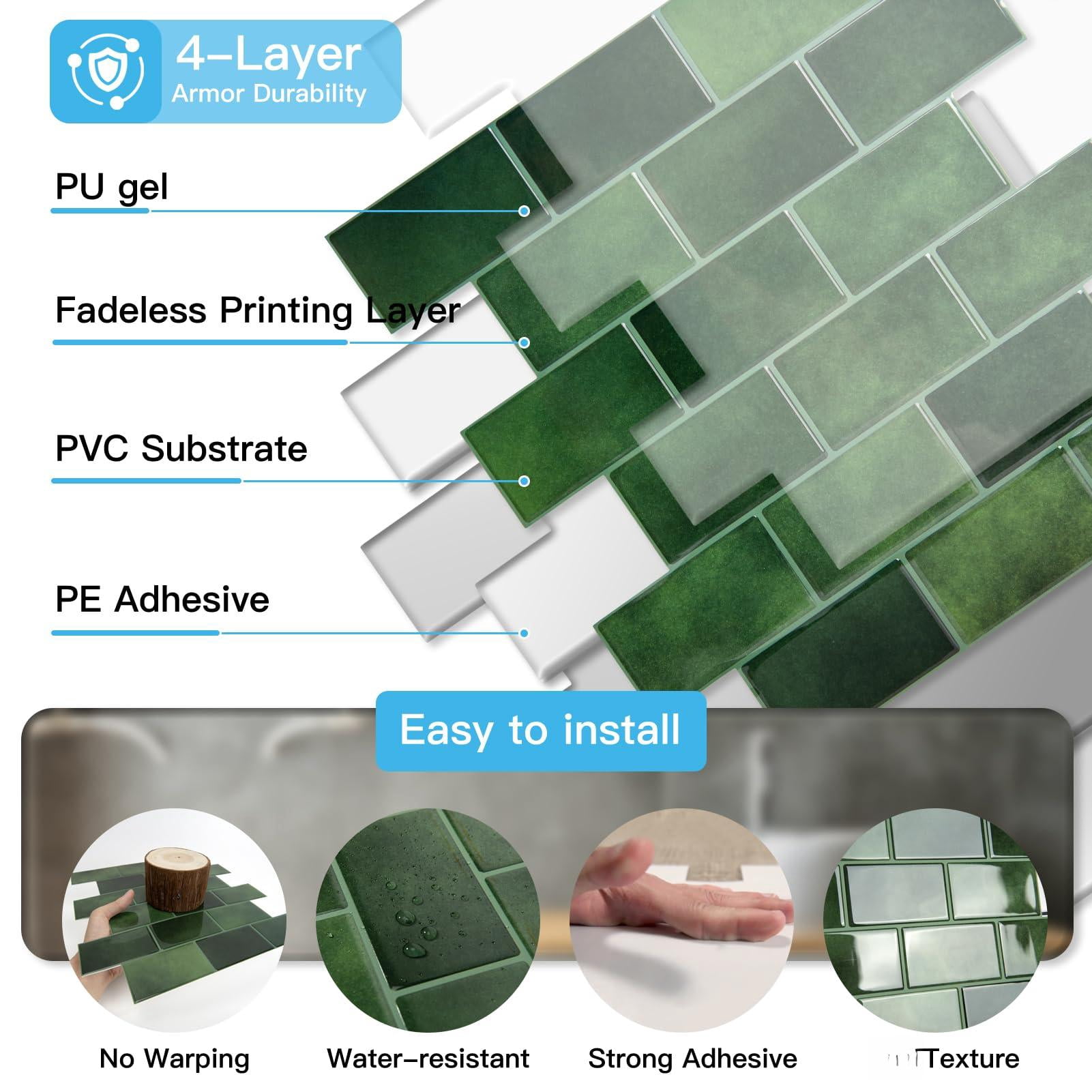 Peel And Stick Green Wall Tiles - 12"x12" Thicker Design Backsplash  Self-adhesive Tile For Kitchen & Bathroom Renovation