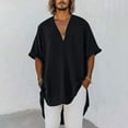 thumbnail image 2 of KeShDi Summer Men's Shirts Linen Men's Loose Solid Color V-Neck Half Sleeve Loose Collared and Linen Tunic Summer Shirt Blouse Black 2X, 2 of 6