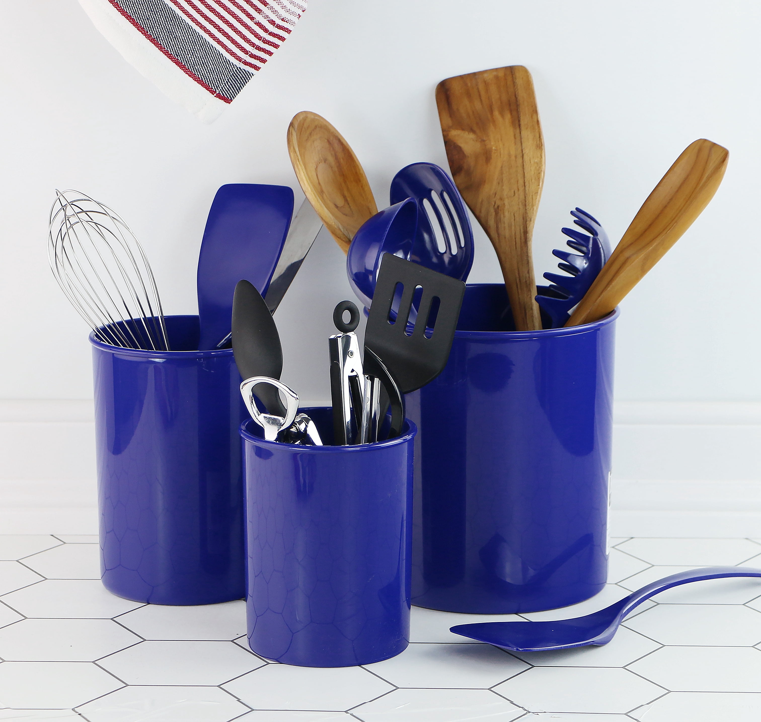 Reston Lloyd Multipurpose Utensil/Crock Holders Organize Wide Variety of Sizes of Utensils & Tools, Includes Extra Large, Large, & Miniature, Indigo