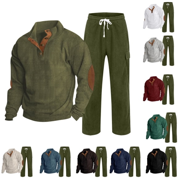 Hearthz Sweatsuits for Men 2 Piece Tracksuit Corduroy Button Vintage Patch Elbow Henley Shirt Matching Set Fall Winter Athletic Sweatsuit Outfits