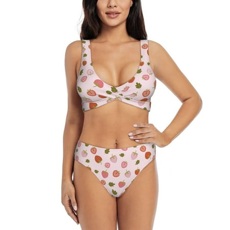 Zeuib Hand Drawn Strawberry High Waisted Tummy Control Bikini Set - Knot Front Push Up Top & Cheeky Thong Bottom  Two-Piece Swimsuit for Women-Large