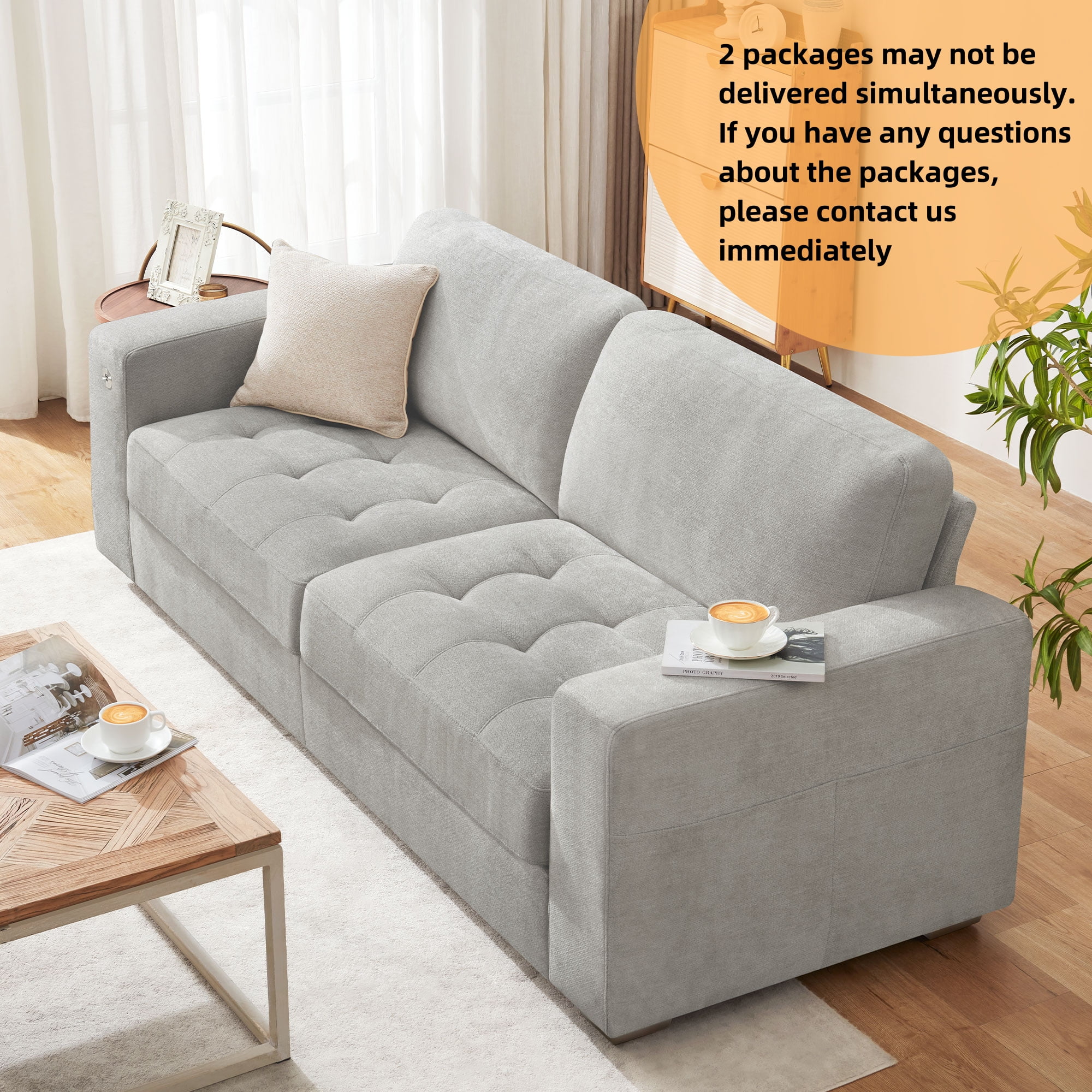Bedluxury 89" Deep Sofa Couch with USB/Type-C Charging, Storage Pocket & Wide Armrest, Removable Cover, Seats 3 Adults, Chenille Gray