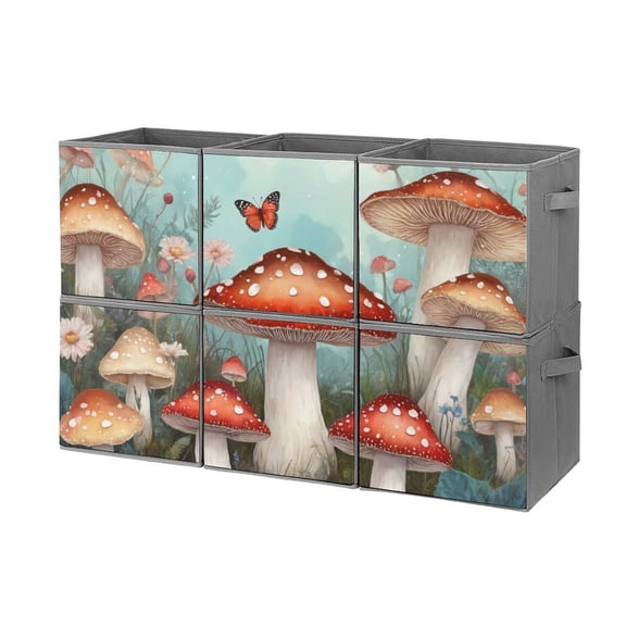 Set of 6 Collapsible Oxford Fabric Storage Cubes with Handles, Foldable Closet Organizer Bins for Clothes, Toys, Shelves, Home & Kitchen Mushroom Fantasy