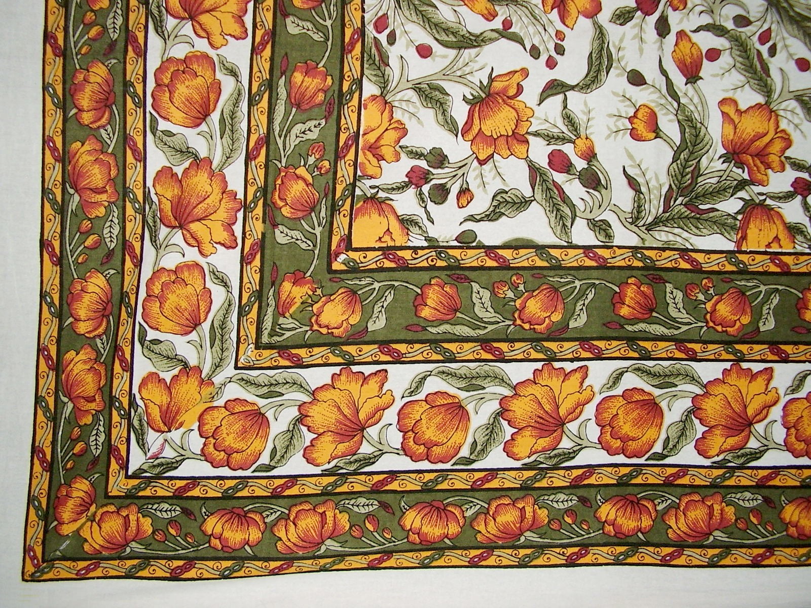 French Floral Tapestry Cotton Bedspread 104" x 88" Full Amber Green