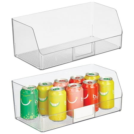 mDesign Wide Plastic Kitchen Food Storage Organizer Bin Basket with Open Front and Built-In Label Holder for Cabinets  Pantry - 15.38 Inch Width - 2 Pack - Clear