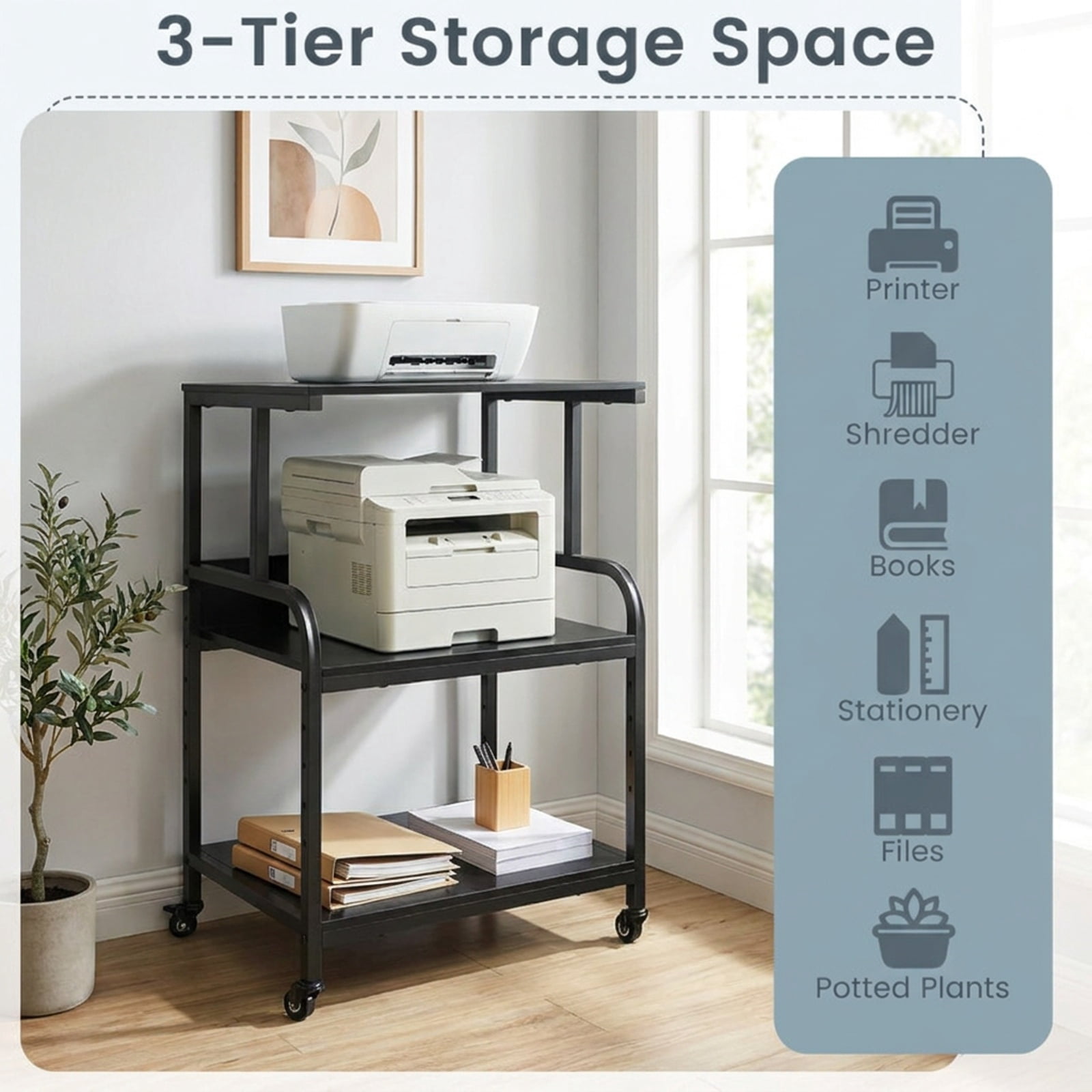 Furnibear 3-Tier Rolling Printer Stand with Adjustable Shelf and Lockable Wheels for Home Office Printer Machine Under Desk Storage, Black