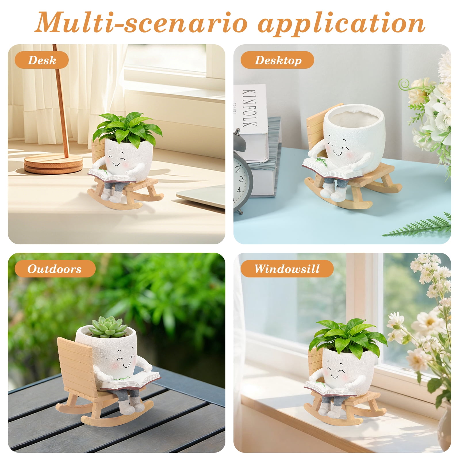 Rocking Chair Smiley Face Planter Cute Plant Pots for Indoor Outdoor Plants Succulent Pots with Drainage Hole Unique Funny Flower Pot for Succulents Plant Gifts