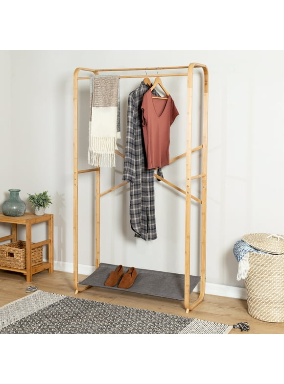 Honey-Can-Do Bamboo and Fabric Single Rod Clothes Rack, Natural/Gray