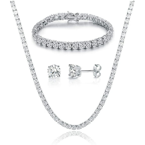 Gemsme 18K White Gold Plated Cubic Zirconia Tennis Necklace / Bracelet / Stud Earrings Sets Pack of 3