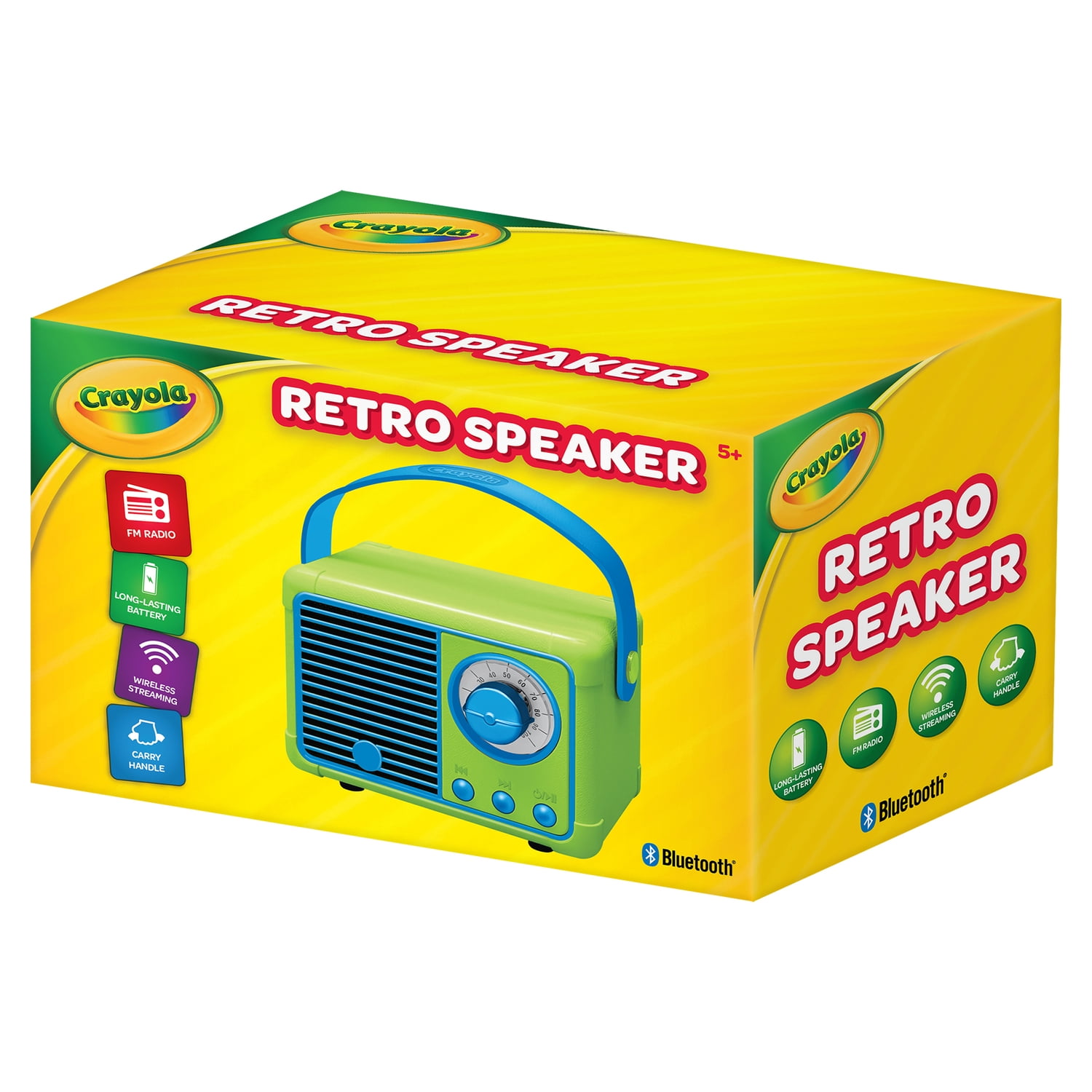Crayola 3-Watt CBT110 Retro Portable Bluetooth Rechargeable Speaker with FM Radio, TWS, USB/microSD/Aux, up to 1.5 Hours of Play Time, Green