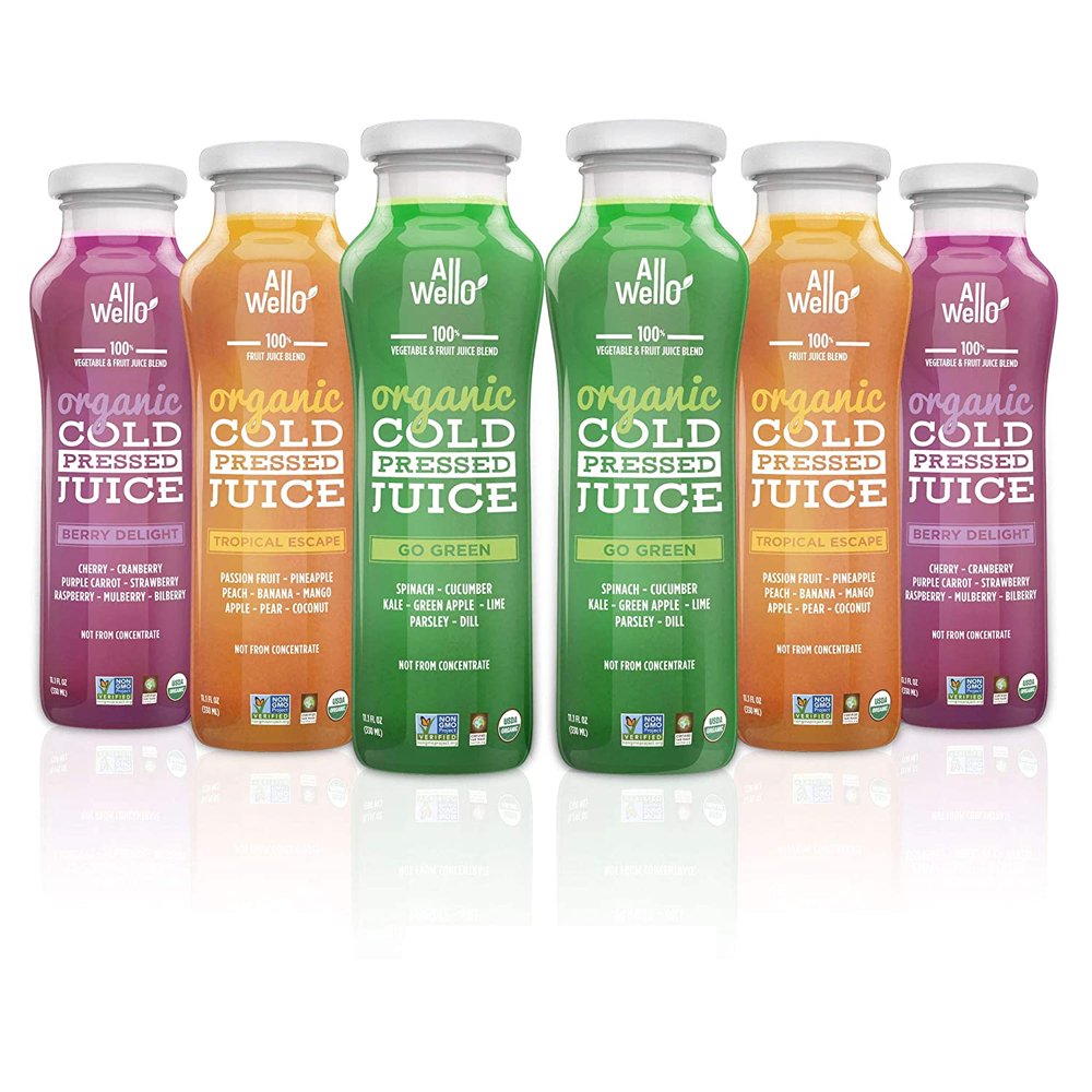 AllWellO Mix of Organic Cold Pressed Juice Drinks with Real Fruits and