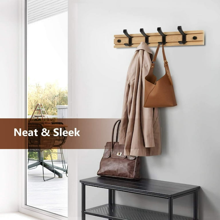 Coat hook wall, modern coat rack wooden coat hook bamboo wall coat rack  with 4 movable hooks for jackets, coats, scarves, handbags and more, nature  